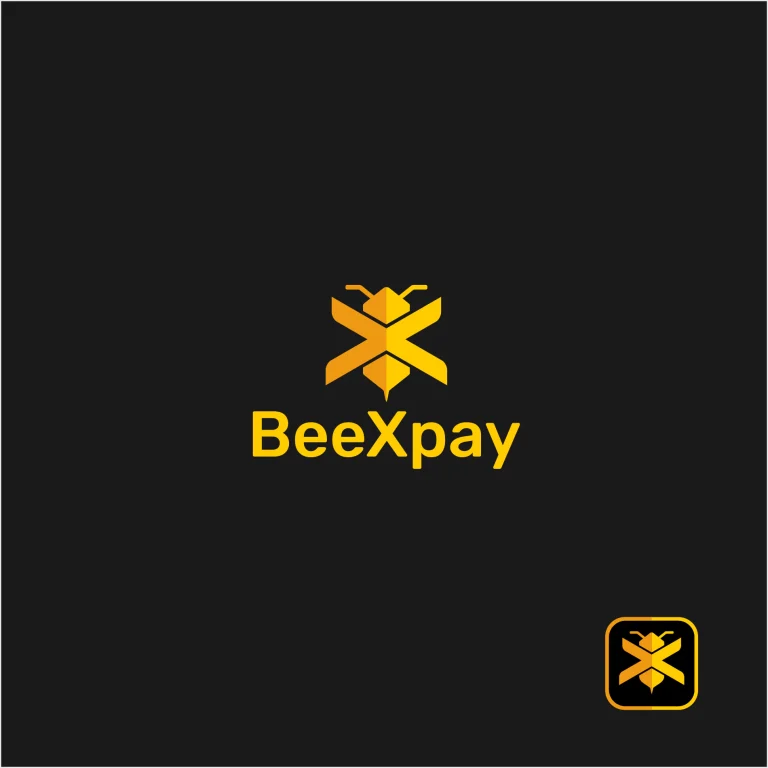 Графично лого с жълт стилизиран символ на пчела и надпис BeeXpay върху тъмен фон.