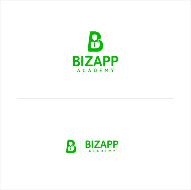 Графично лого на BIZAPP ACADEMY със зелена буква Б, в която е вграден силует на човек с вратовръзка.