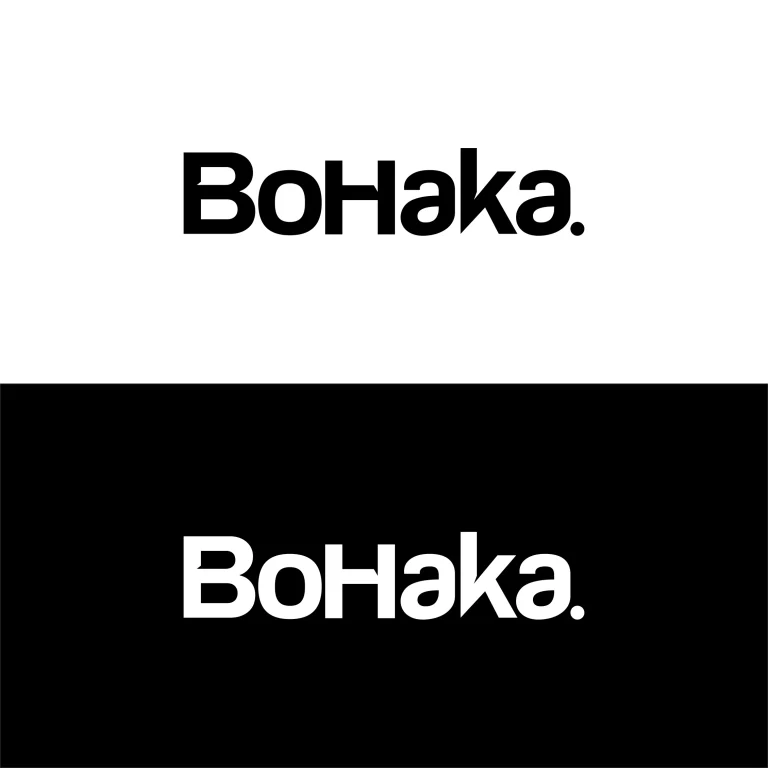 Минималистично лого с надпис BoHaka, представено в черно върху бял фон и в бяло върху черен фон.