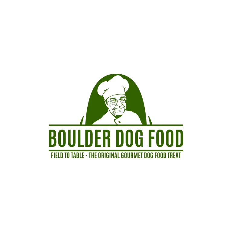 Зелено лого с илюстрация на готвач в шапка и текст Boulder Dog Food на бял фон.