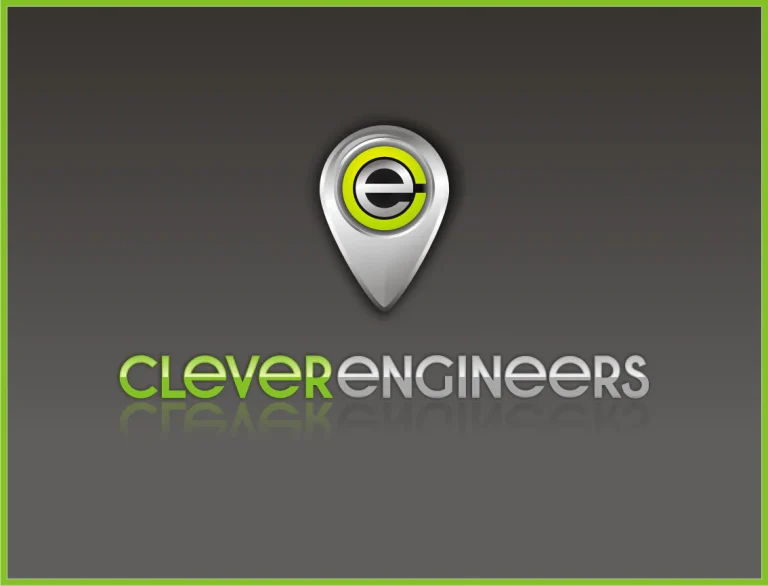 Графично лого с икона на метален маркер за локация и надпис Clever Engineers върху сив градиентен фон с отражение.