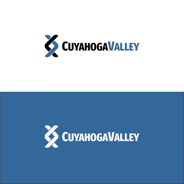 Графично лого с абстрактен преплетен символ и надпис Cuyahoga Valley в две цветови вариации на бял и син фон.