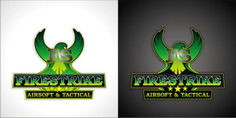 Графичен дизайн на лого с орел, надпис FS и текст Firestrike Airsoft & Tactical върху светъл и тъмен фон.