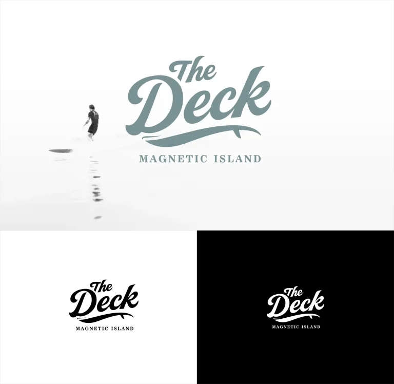 Графичен дизайн на лого с надпис The Deck и подзаглавие Magnetic Island, представено в различни цветови варианти.