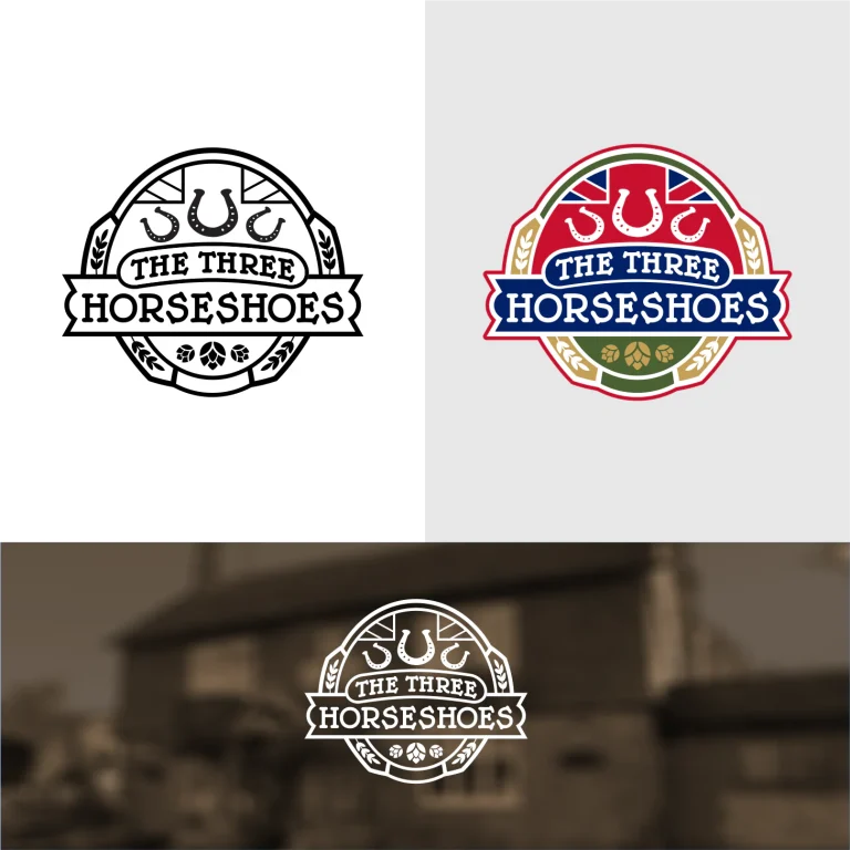 Графичен дизайн на лого с надпис The Three Horseshoes, включващо елементи на подкови, хмел и британското знаме в цветен и черно-бял вариант.