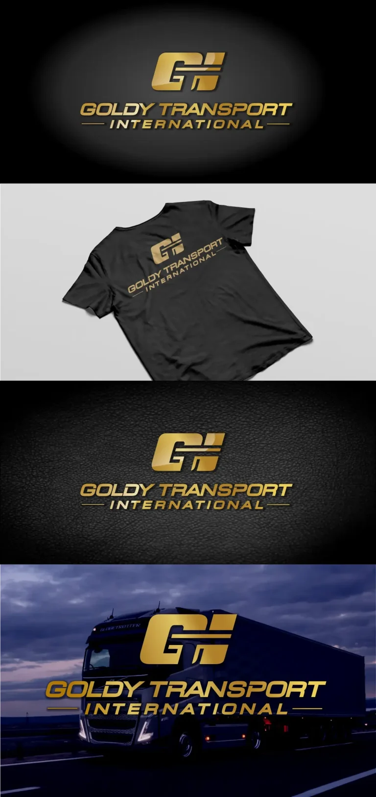 Златисто лого на Goldy Transport International, представено върху черна тениска, кожена текстура и камион.