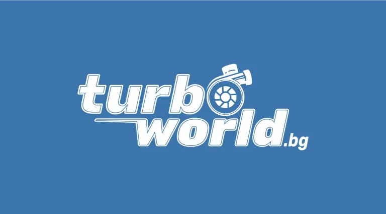 Бяло графично лого на турбокомпресор с надпис turboworld.bg върху плътен син фон.