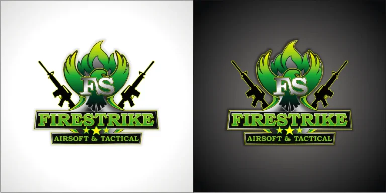 Графичен дизайн на лого с орел, огнестрелни оръжия и надпис FIRESTRIKE AIRSOFT & TACTICAL върху светъл и тъмен фон.