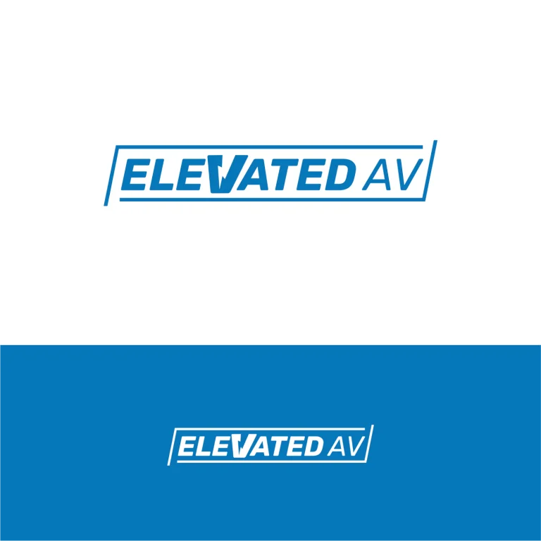 Графично лого с надпис ELEVATED AV, ограден в правоъгълна рамка с наклонени ъгли в син и бял вариант.
