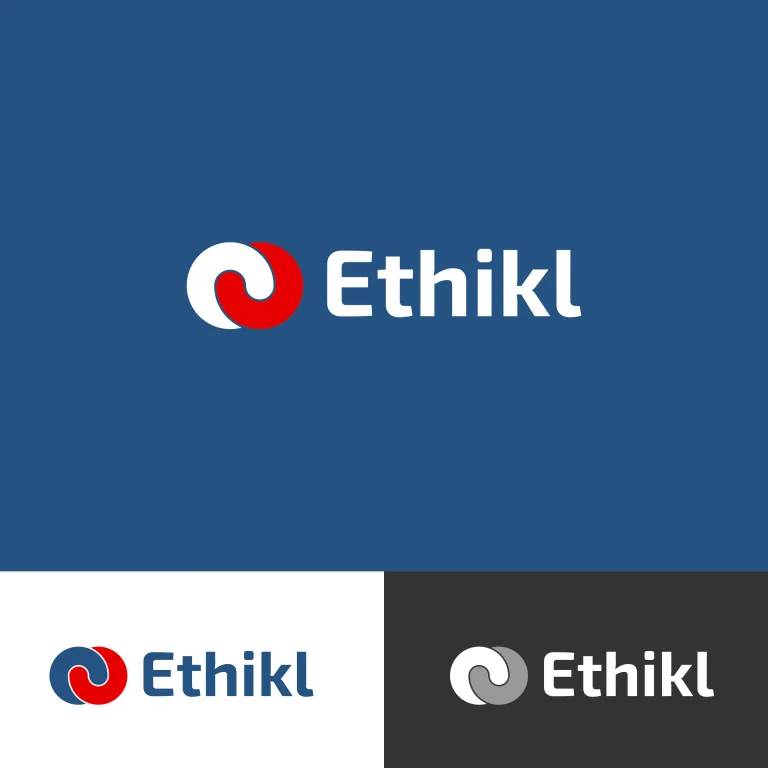 Графичен дизайн на лого с името Ethikl, представено в цветен и монохромен вариант върху различни фонове.