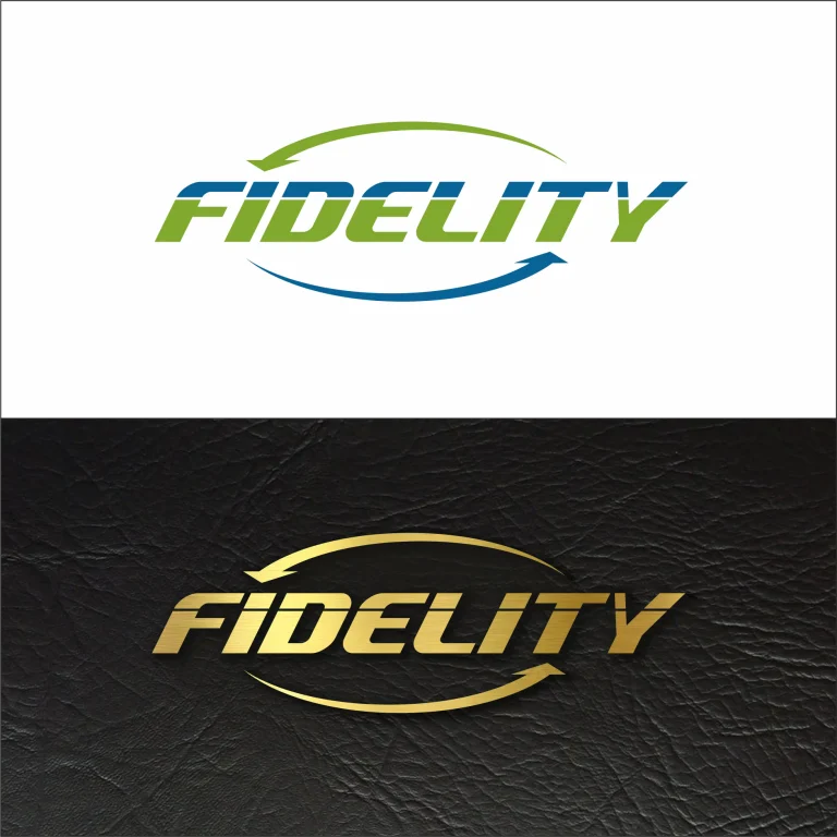 Графичен дизайн на лого с надпис FIDELITY, представено в цветен вариант и като златист релеф върху черна кожена текстура.