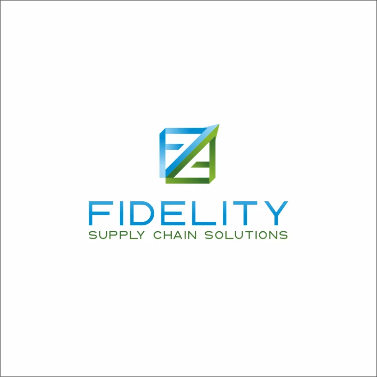 Графично лого с абстрактен геометричен знак в синьо и зелено над надпис Fidelity Supply Chain Solutions.