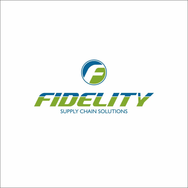 Графичен дизайн на лого с буквата F в кръг и надпис Fidelity Supply Chain Solutions в синьо и зелено.