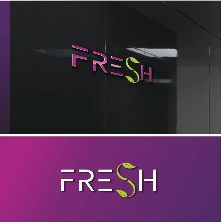 Дигитален макет на лого с надпис FRESH, където буквата S е стилизирана като зелено листо върху тъмна и градиентна основа.