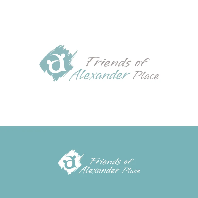 Графичен дизайн на лого с абстрактен символ върху четков щрих и надпис Friends of Alexander Place в два цветови варианта.