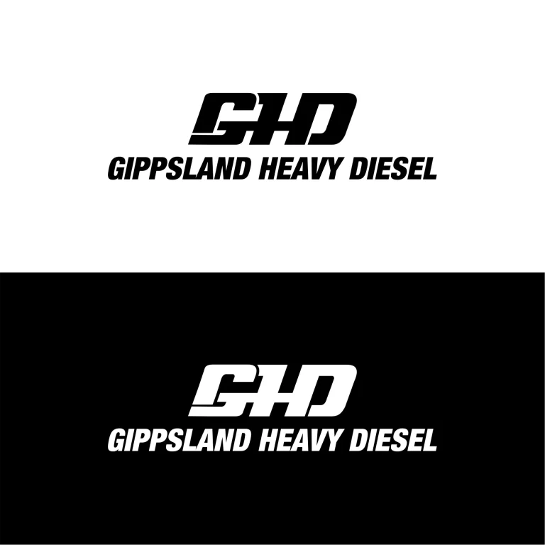 Графичен дизайн на лого с монограм GHD и изписано име Gippsland Heavy Diesel в черно-бял и бял вариант.