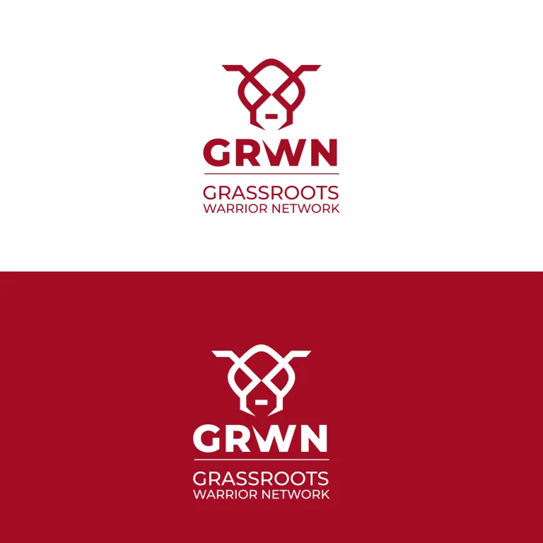 Графичен дизайн на лого с абстрактен символ и надпис GRWN Grassroots Warrior Network в червено и бяло.