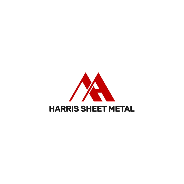 Червено графично лого с абстрактни геометрични форми и текст Harris Sheet Metal на бял фон.