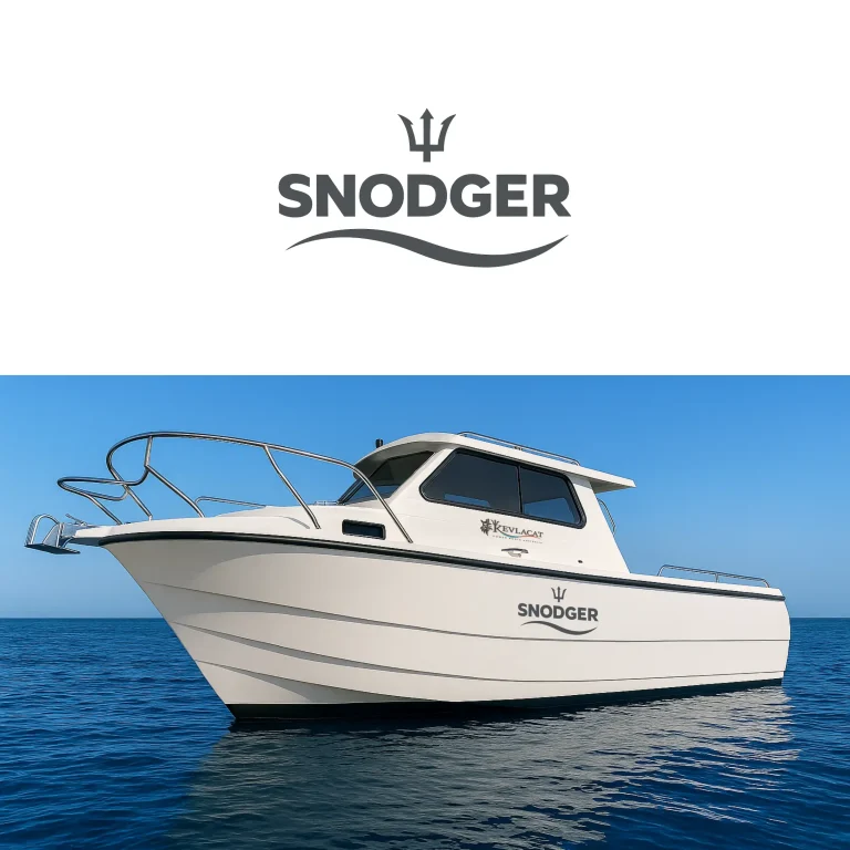Дигитална визуализация на бяла моторна лодка с логото на SNODGER, поставена върху спокойна морска повърхност под ясно небе.