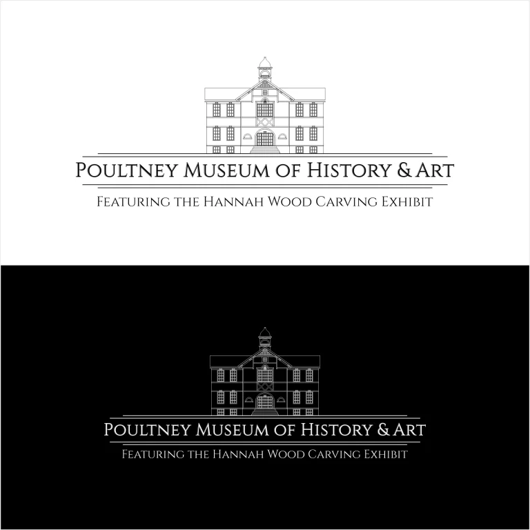 Графично лого на Poultney Museum of History & Art с линейна илюстрация на сграда, представено в черно-бял и инверсен вариант.