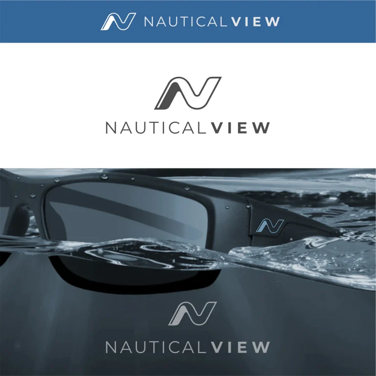 Графично представяне на лого Nautical View с буквата N, включващо изображение на слънчеви очила частично потопени във вода.