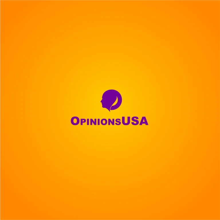 Минималистично лого с лилав силует на човешка глава в кръг и надпис OpinionsUSA върху плътен оранжев фон.