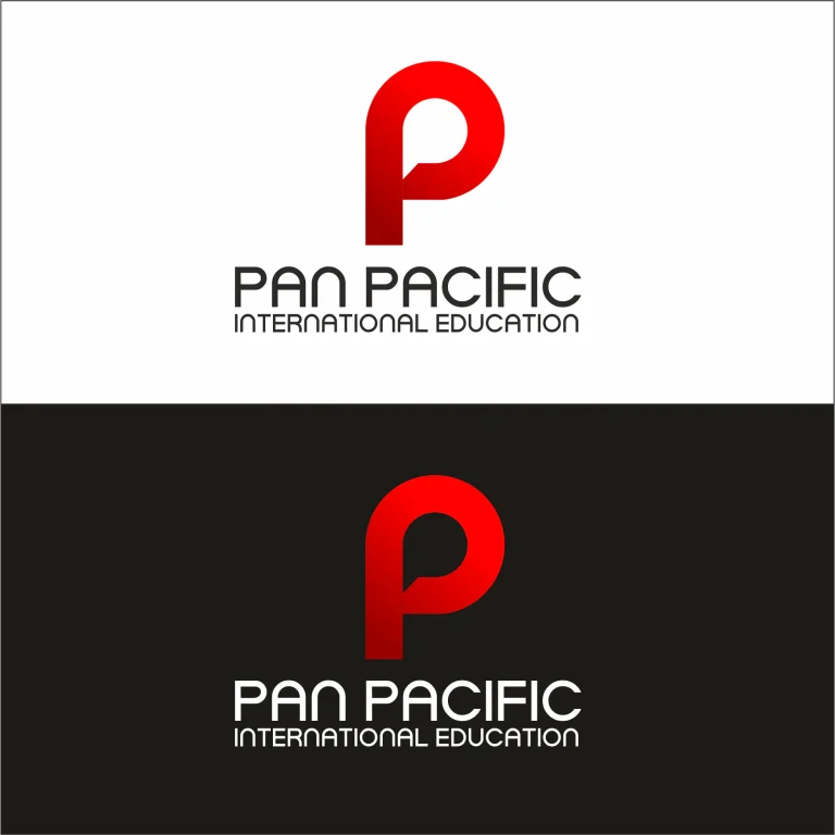 Графичен дизайн на лого с червена буква P и надпис Pan Pacific International Education на бял и черен фон.