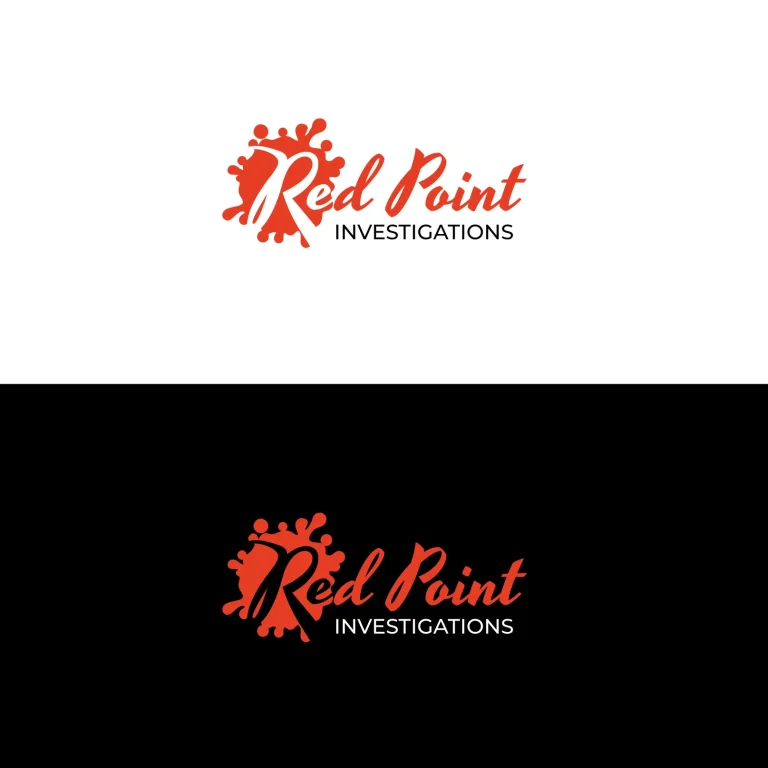 Графично лого на Red Point Investigations с червено петно тип мастило и ръкописен шрифт върху бял и черен фон.