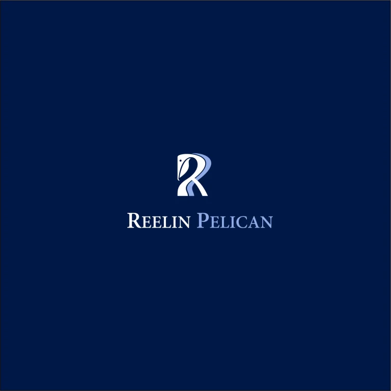 Минималистично лого с буквата R, стилизирана като пеликан, и надпис Reelin Pelican на тъмносин фон.