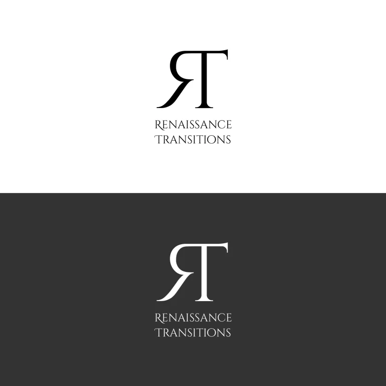 Минималистично лого с обърната кирилска буква Я и изписано име Renaissance Transitions в два цветови варианта.