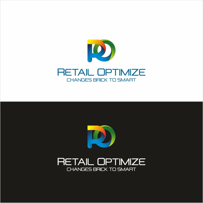 Графичен дизайн на лого с цветен градиентен знак и надпис Retail Optimize върху бял и черен фон.