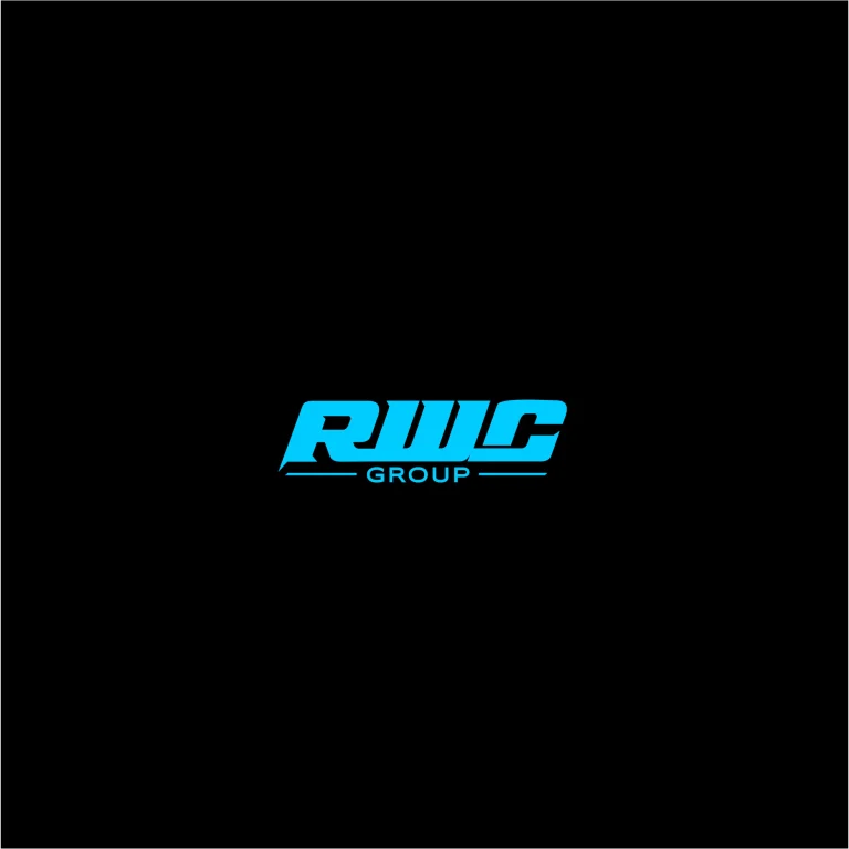 Син графичен знак RWC GROUP с наклонен шрифт върху изчистен черен фон.