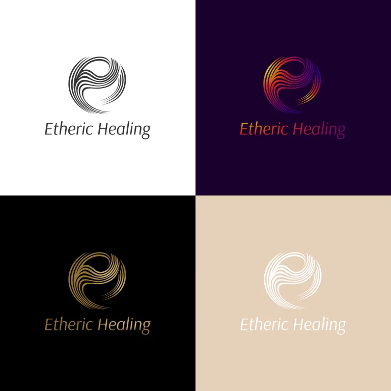 Четири варианта на лого с абстрактен символ от преливащи линии и надпис Etheric Healing върху различни фонове.