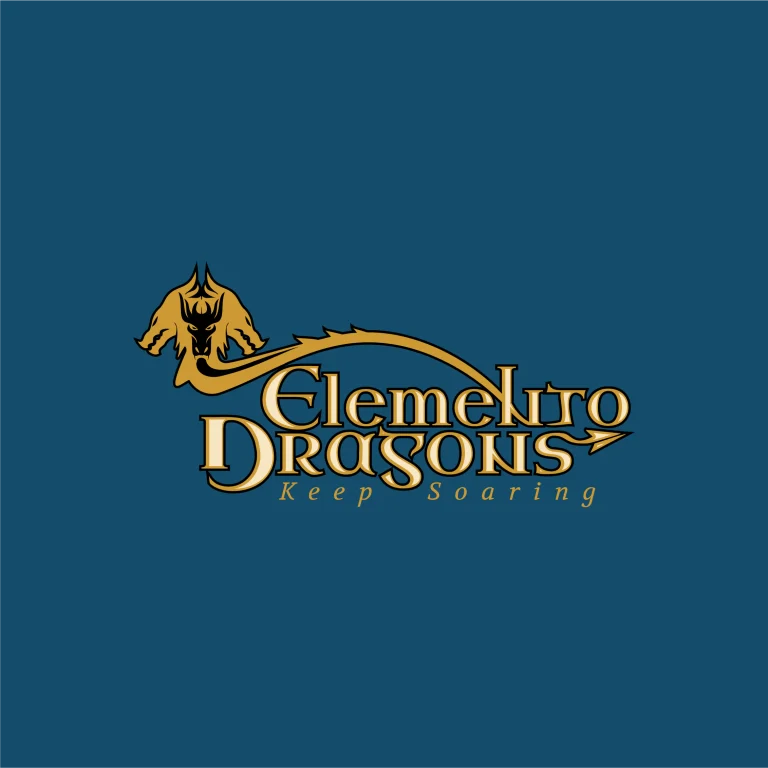 Графично лого с илюстрация на триглав дракон в златисто и надпис Elemetro Dragons на тъмносин фон.