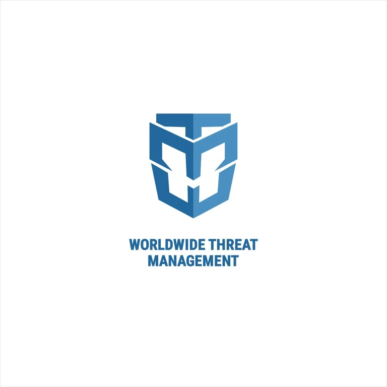 Графично лого със синя геометрична форма, наподобяваща щит, и текст Worldwide Threat Management отдолу.
