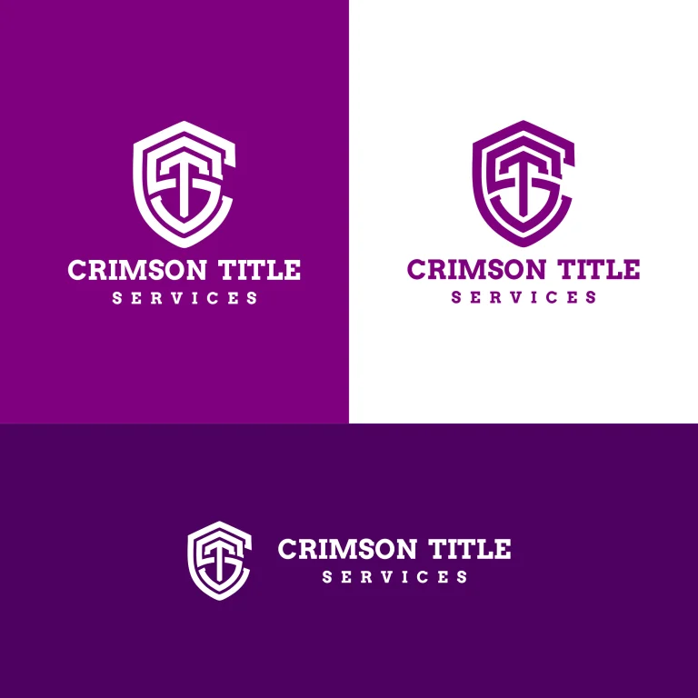 Графичен дизайн на лого с щит и монограм от буквите C и T за Crimson Title Services в лилаво и бяло.