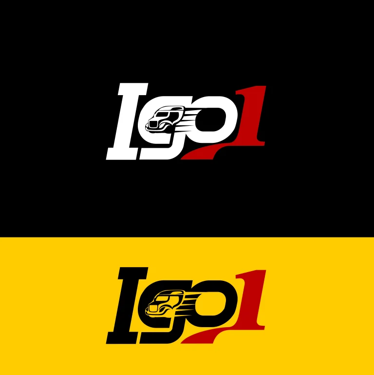 Графичен дизайн на лого с надпис Igo1, включващ стилизиран силует на камион в буквата g, представен върху черен и жълт фон.