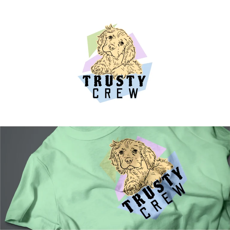 Графичен дизайн на лого с илюстрация на куче и надпис Trusty Crew върху тениска в ментов цвят.