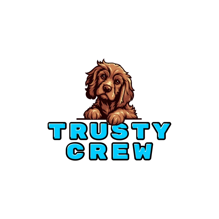 Графично лого с илюстрация на кафяво куче и надпис Trusty Crew в светлосин цвят на бял фон.
