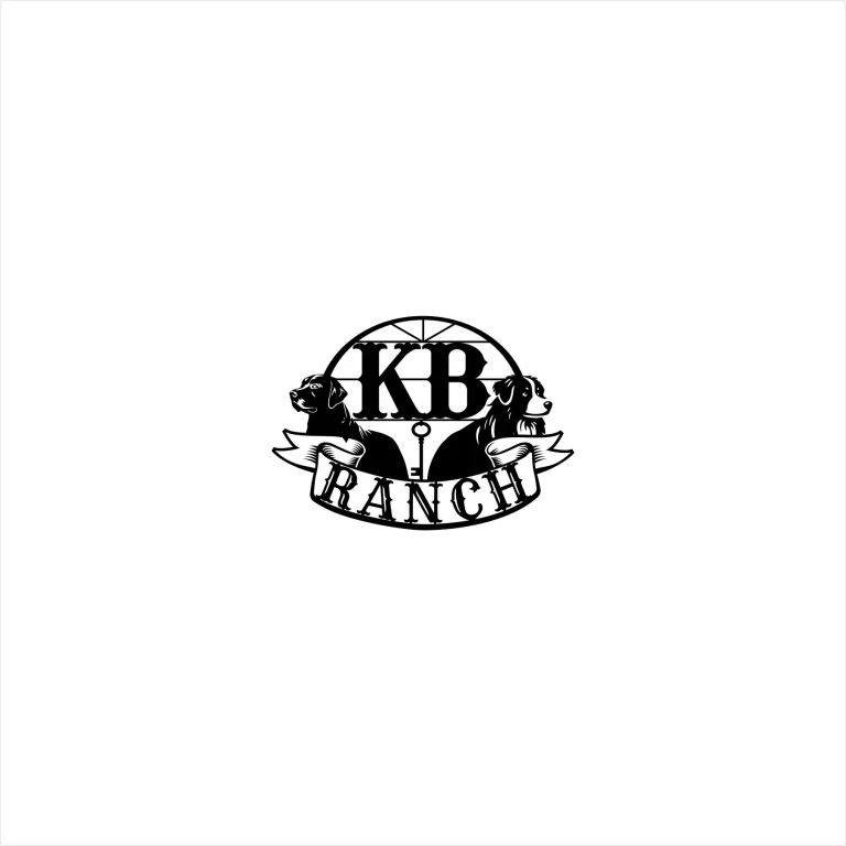 Черно-бяло лого с две кучета, ключ и надпис KB RANCH, разположени в кръгла рамка.
