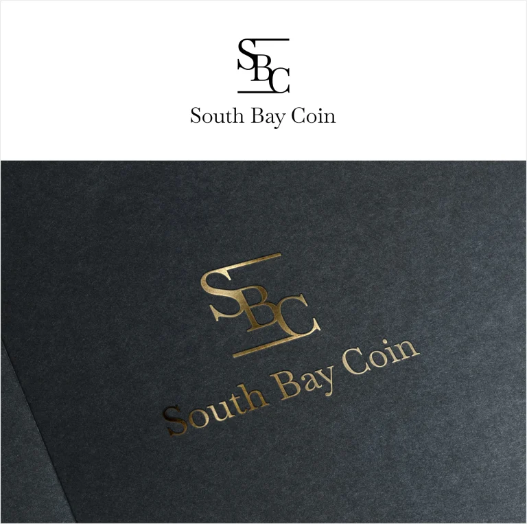 Дигитален макет на лого с монограм SBC и надпис South Bay Coin, представен със златен ефект върху тъмна текстурирана повърхност.