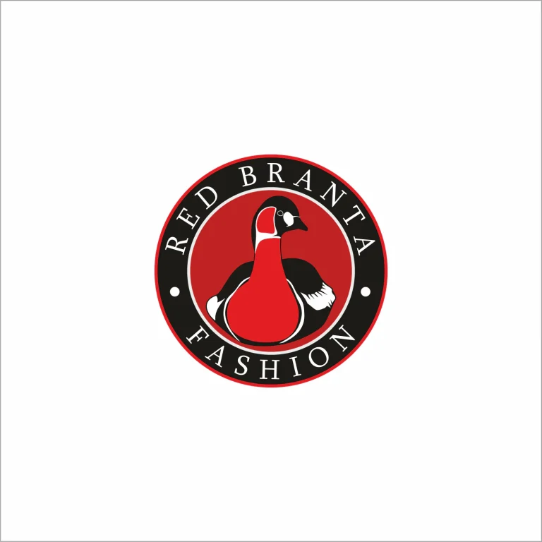 Кръгло лого с илюстрация на птица в червено и черно с надпис Red Branta Fashion по периферията.