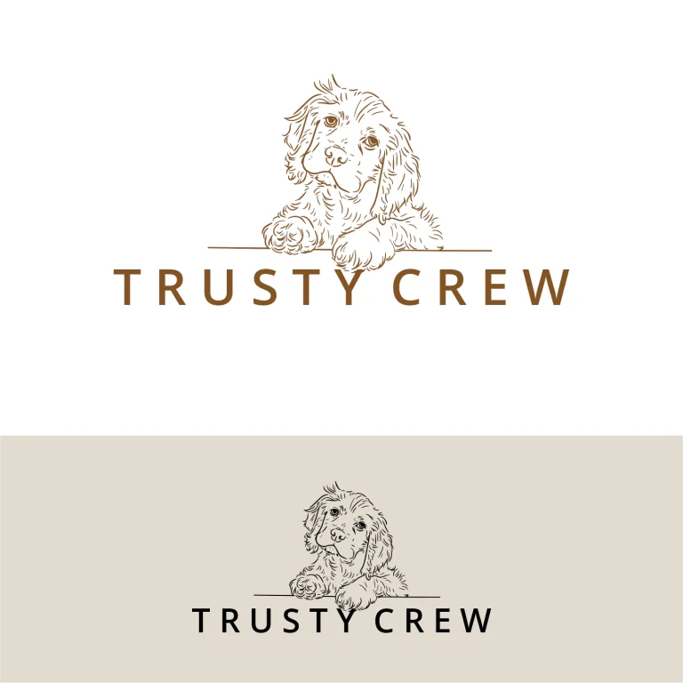 Графично лого с детайлна илюстрация на куче и надпис Trusty Crew в два цветови варианта.