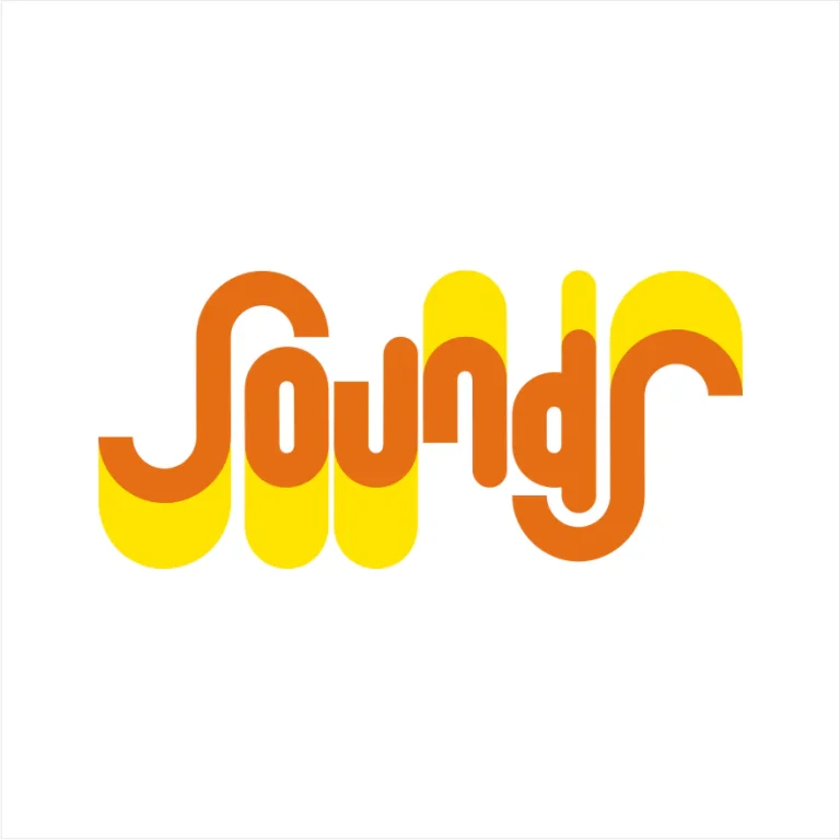 Графичен дизайн на думата Sounds, изписана с оранжеви и жълти заоблени букви върху бял фон.