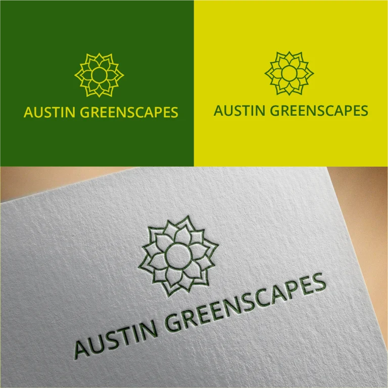 Графичен дизайн на лого с флорален елемент и надпис Austin Greenscapes, представен върху хартиена текстура и цветни фонове.