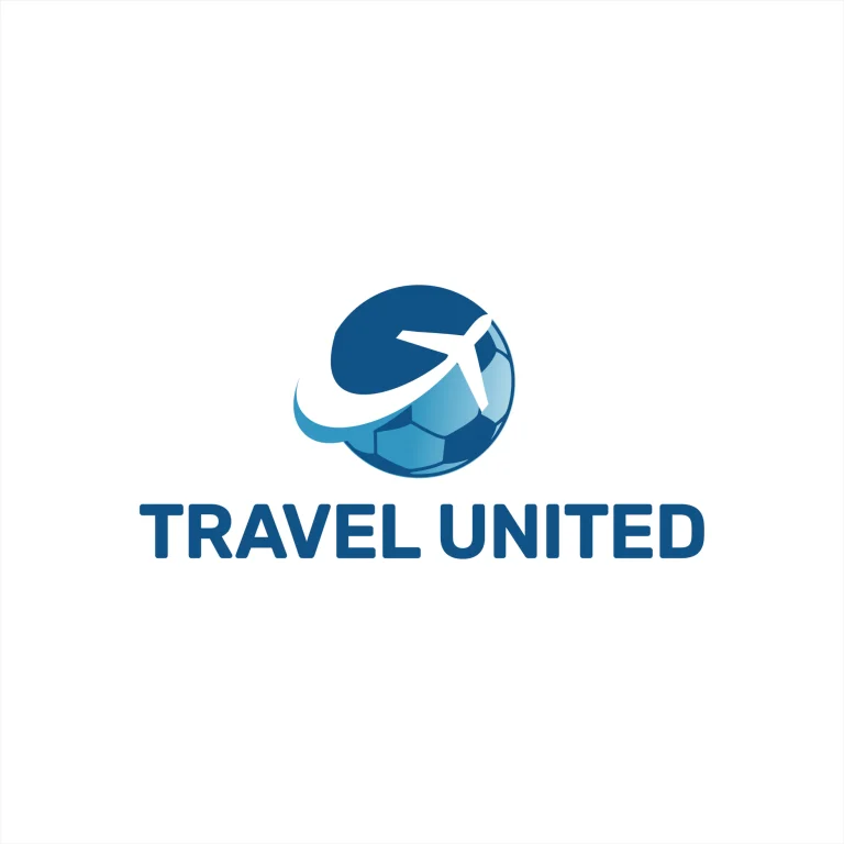 Графично лого с изображение на самолет, прелитащ над футболна топка, и надпис TRAVEL UNITED в син цвят.