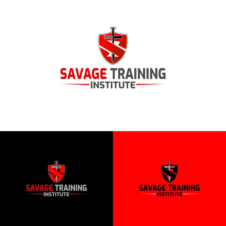 Графично лого с червен щит, черен меч и надпис Savage Training Institute, представено върху бял, черен и червен фон.