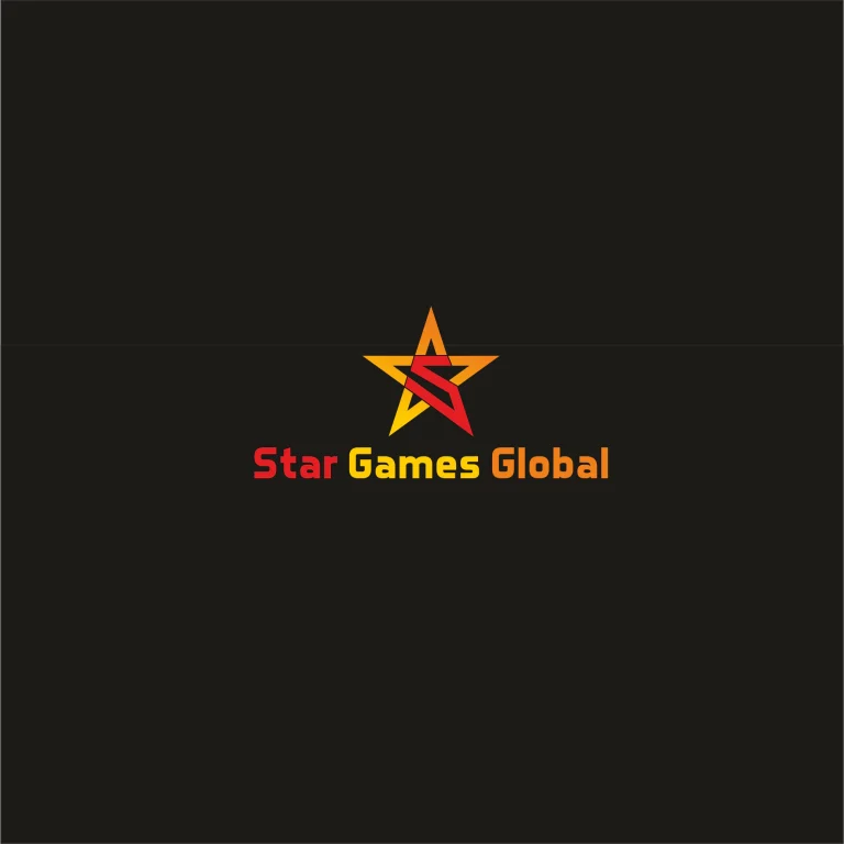Графично лого с оранжево-червена звезда и надпис Star Games Global на тъмен фон.