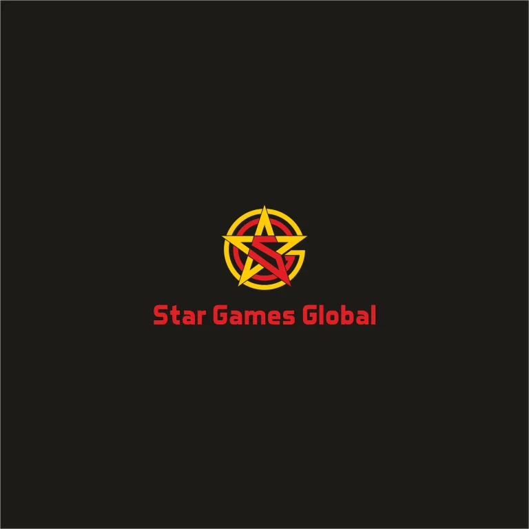 Графично лого с жълта петолъчка и червени елементи, включващо надпис Star Games Global на тъмен фон.