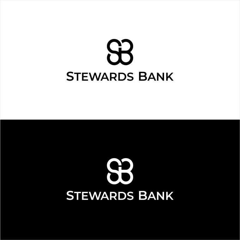Минималистично лого на Stewards Bank, състоящо се от стилизиран монограм и изчистен сан-серифен шрифт върху бял и черен фон.